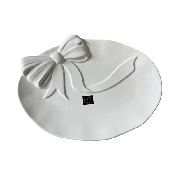 Handmade in Italy Embossed White Bow Ceramic Serving Platter 12x16 Oval NEW - Picture 12 of 16
